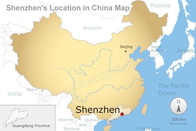 Shenzhen stað í Kína kort