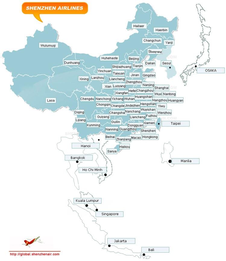 kort af Shenzhen flugfélög leiðina